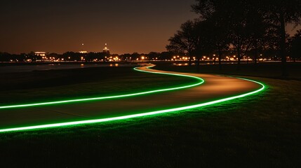 Illuminated pathway at night winding through a park.