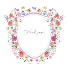 Watercolor floral illustration - flower crest with bright peach color, white, pink, blue flowers, rose, peony, poppy, tulips, sweet pea, chamomile, ranunculus, buttercups. Wedding invitation, clipart.