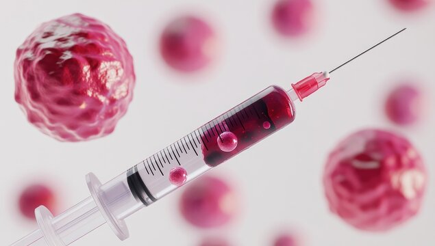 Medical syringe with red liquid next to multiple pink cells