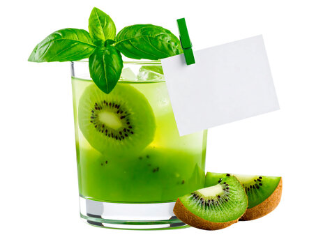 A drink mockup, A kiwi and basil cocktail with vibrant green layers and slices of kiwi, in elegante glass with ice. A small blank paper note is clipped