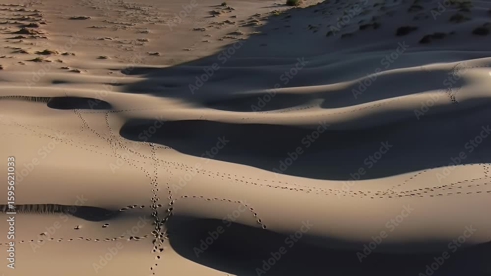 Poster aerial view of sand dunes with shadows in warm sunlight forming wavy patterns. footprints trail acro
