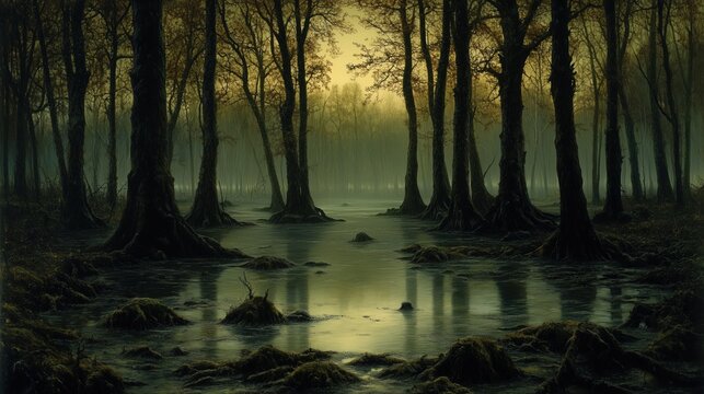 Dark, misty swamp forest scene at dusk.