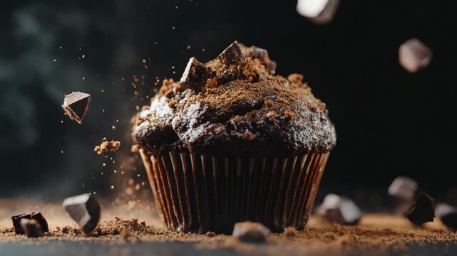A single chocolate cupcake adorned with chocolate sprinkles, set against a dark background with chocolate shavings flying around.