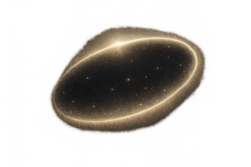 Golden light ring rotating gracefully around a vibrant galaxy, surrounded by shimmering stars against a transparent background
