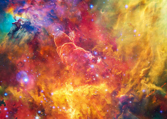 Multicolored structures of gas and dust swirl within a bright star-forming region of space, framed by glowing filaments and shadowed pockets. Elements of this illustration were furnished by NASA.