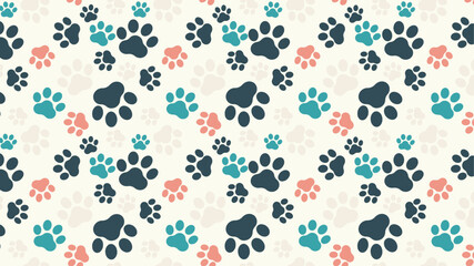 Seamless paw print pattern with pastel colors on cream background. Cute dog and cat footprints, perfect for pet designs, nursery decor, fabric prints, digital papers, and animal-themed projects