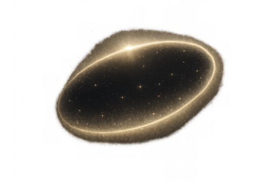 Golden light ring rotating gracefully around a vibrant galaxy, surrounded by shimmering stars against a transparent background