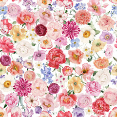 Naklejka premium Watercolor floral illustration - seamless pattern on white background. Bright white, pink, blue flowers, rose, peony, poppy, tulip, sweet pea, ranunculus, buttercups. Wedding invitation clipart.