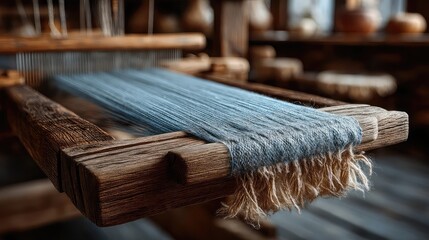 Traditional weaving loom with threads in motion wood detail and cultural setting ideal for heritage craft and process