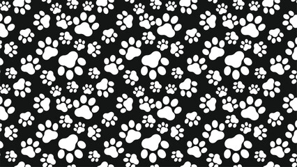Seamless white paw print pattern on black background. Bold dog and cat footprints, ideal for pet-themed designs, wrapping paper, fabric prints, digital art, and animal lover decor © rochmuch