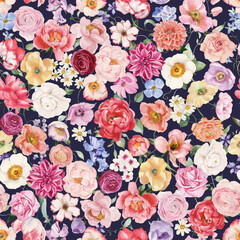 Naklejka premium Watercolor floral illustration - seamless pattern on black background. Bright white, pink, blue flowers, rose, peony, poppy, tulip, sweet pea, ranunculus, buttercups. Wedding invitation clipart.
