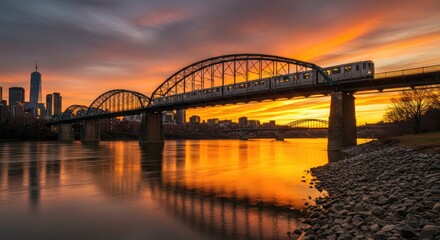 Naklejka premium A vibrant sunset over a city river, with a train bridge in the foreground