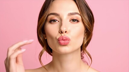 Woman blowing a kiss with pink lips and a neutral makeup