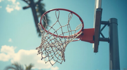 Low angle shot of a basketball hoop and net against a blue sky with clouds and palm trees.