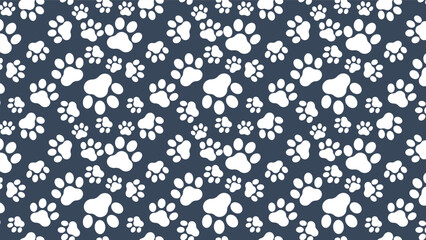 Seamless pattern with white dog paw prints on a dark blue background. Ideal for pet-related designs, fabrics, or digital projects