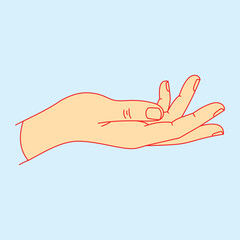 Illustration of an open hand facing upwards in a simple line style, suitable for communication themes, gestures, requests, or symbols of help.