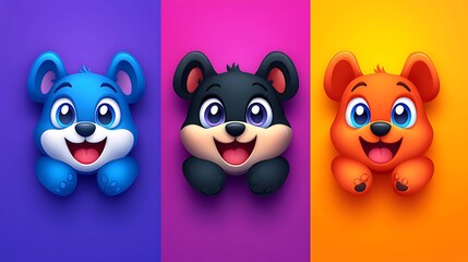 Fototapeta premium Three cheerful cartoon bear illustrations against vibrant backgrounds.