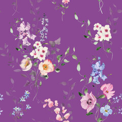 Watercolor floral illustration - seamless pattern on purple background. Bright white, pink, blue flowers, rose, peony, poppy, tulip, sweet pea, ranunculus, buttercups. Wedding invitation clipart.