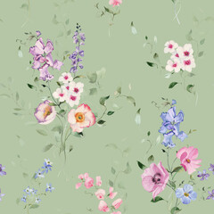 Watercolor floral illustration - seamless pattern on sage green background. Bright white, pink, blue flowers, rose, peony, poppy, tulip, sweet pea, ranunculus, buttercups. Wedding invitation clipart.