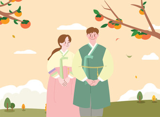Couple in traditional Korean attire under a trees