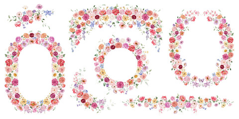 Watercolor floral illustration flower set - border, wreath, bouquet, frame. White, pink, blue flowers, rose, peony, poppy, tulips, sweet pea, ranunculus, buttercups. Wedding invitation, clipart.