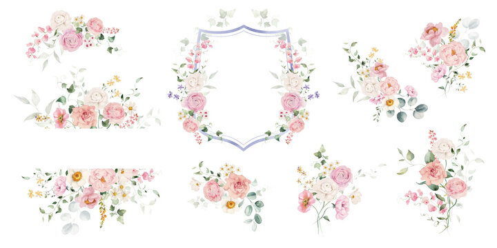 Watercolor floral illustration flower set - crest, border, wreath, bouquet, frame. White, pink, blue flowers, rose, peony, poppy, tulips, sweet pea, ranunculus, buttercups. Wedding invitation clipart.