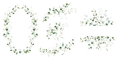 Watercolor floral illustration flower set - border, wreath, bouquet, frame. Green leaves and branches, ivy, greenery. Wedding invitation, clipart.