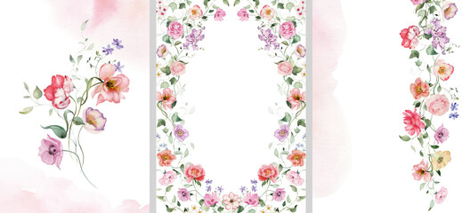 Watercolor floral illustration flower set - border, wreath, bouquet. White, pink, blue flowers, rose, peony, poppy, tulips, sweet pea, chamomile, ranunculus, buttercups. Wedding invitation, clipart.