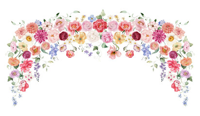 Watercolor floral illustration - wedding flower arch. Bright peach color, white, pink, blue flowers, rose, peony, poppy, tulips, sweet pea, chamomile, ranunculus, buttercups. Invitation, clipart. © Veris Studio