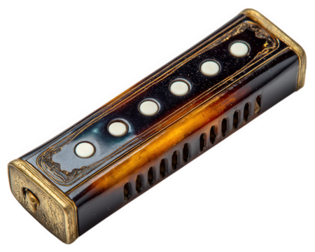Vintage harmonica musical instrument isolated on transparency background metal and wood classic design retro style detailed texture collectible nostalgic mood