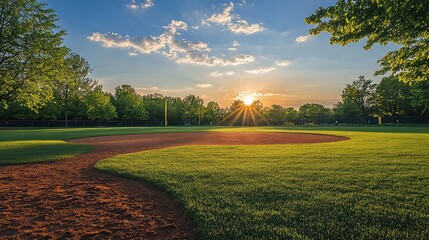 Tranquil Landscape Featuring Baseball Diamond and Greenery Representing Outdoor Sports Community Parks and Natural Beauty for Event Planning Sports Marketing and Recreation Solutions