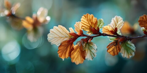 Fototapeta premium Delicate Branch with Colorful Leaves and Water Droplets