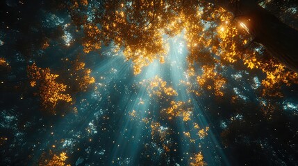 Tree canopy viewed from below with overlapping leaves light beams and immersive depth perfect for forest or escape visuals