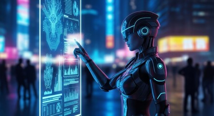 A futuristic robot interacts with a glowing blue holographic display showing complex data and charts