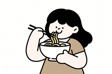 Cartoon woman eating bowl of ramen