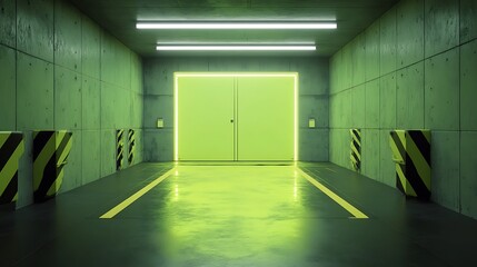 Empty underground garage, neon green door