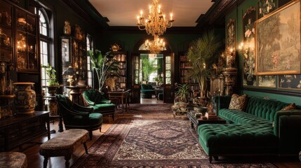 Luxurious Vintage Living Room with Opulent Decor and Chandeliers