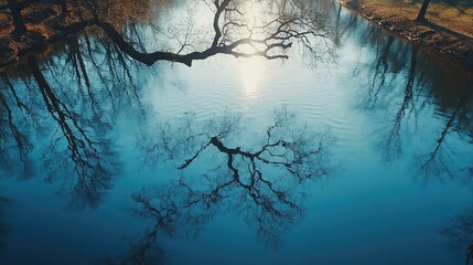 Tree limb above river with shadow on water natural arc and peaceful composition ideal for nature reflection or calm visuals