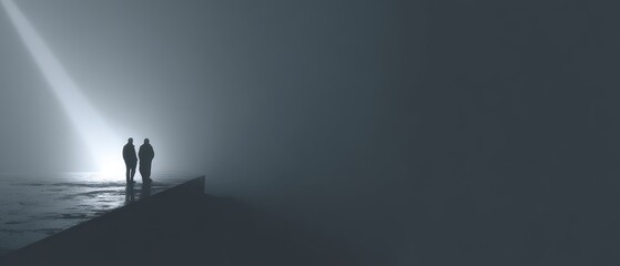 Two figures walking in foggy night landscape