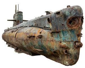 Fototapeta premium Old submarine rusted metal hull isolated on transparency background vintage military vessel abandoned weathered corroded historic maritime dramatic decay