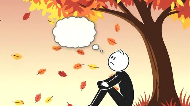 Ai generated a sad stick figure sits under an autumn tree as leaves fall 4k video