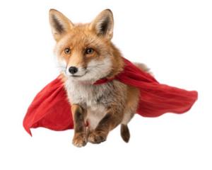 Fox superhero costume flying animal red cape isolated mammal fantasy creative playful imaginative adventure hero cute wild fur whisker alert confident energetic motion leap action fun joyful