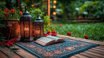 Serene Evening Prayer: Quran and Lanterns in a Tranquil Garden