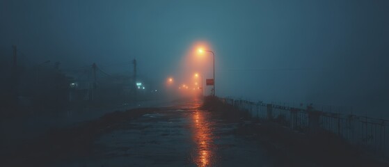 Foggy night walk along a dimly lit street