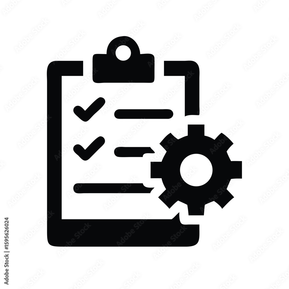 Poster clipboard checklist with gear icon representing settings and configuration management process