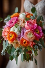 Obraz premium Vibrant Colorful Wedding Bouquet with Ranunculus and Poppies