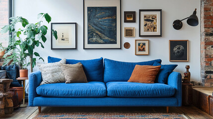 Modern living room design with blue sofa and wall art interior decor ideas and home design inspiration