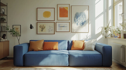 Living room decor blue sofa pillows art wall interior design home apartment style modern comfortable space