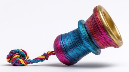 A vibrant, multicolored, cylindrical hookah bowl with a metallic gold rim, rests on a white background, attached to a small, colorful braided cord with a 
