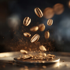 Flying roasted coffee beans in mid-air with sparks and bokeh in warm cafe lighting